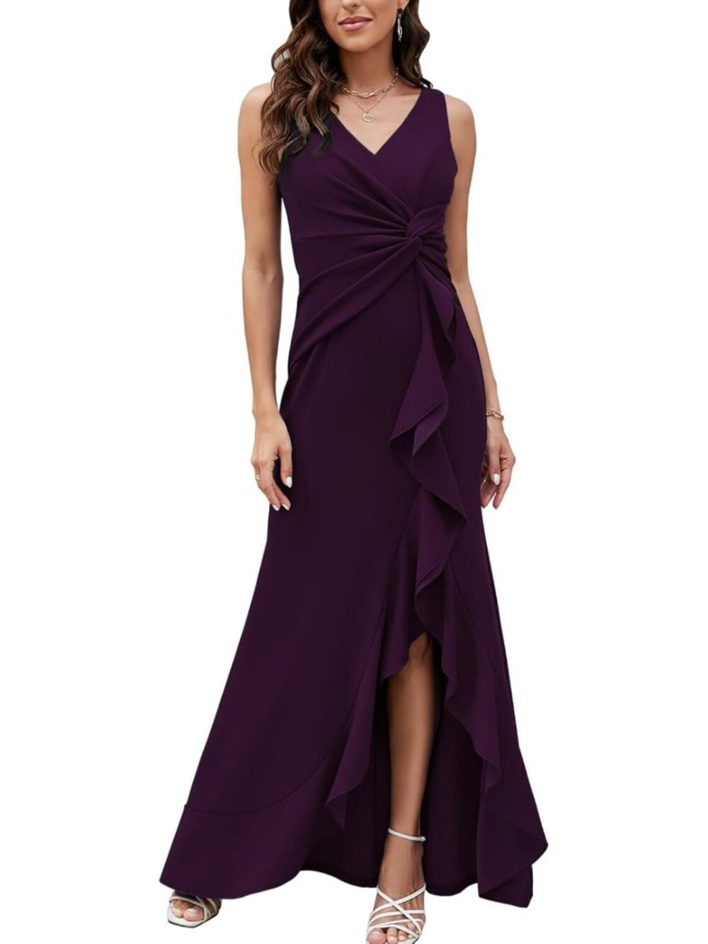 Plum High Slit V Neck Long Formal Evening Prom Party Gown Sz S-M